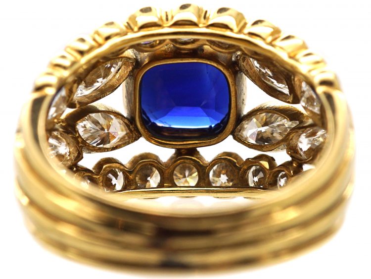 1970s 18ct Gold Wide Dress Ring set with a Sapphire & Marquise & Round Diamonds