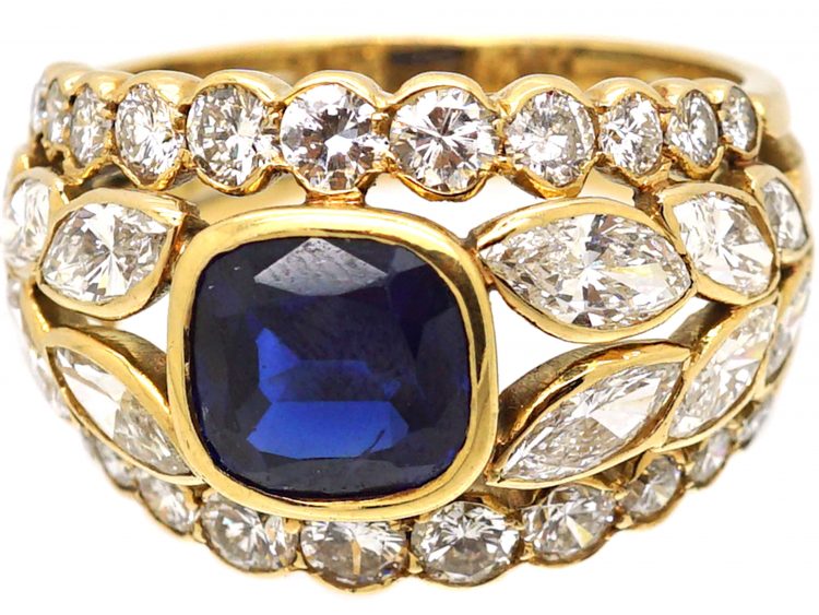 1970s 18ct Gold Wide Dress Ring set with a Sapphire & Marquise & Round Diamonds