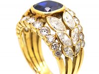 1970s 18ct Gold Wide Dress Ring set with a Sapphire & Marquise & Round Diamonds