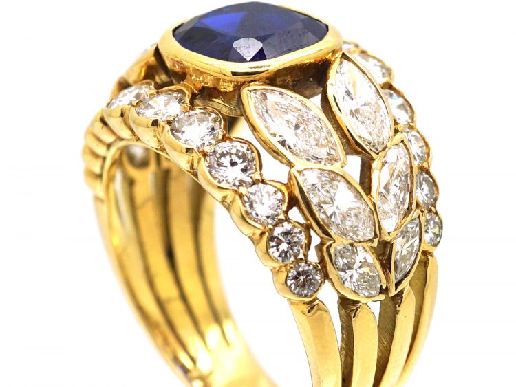 1970s 18ct Gold Wide Dress Ring set with a Sapphire & Marquise & Round Diamonds