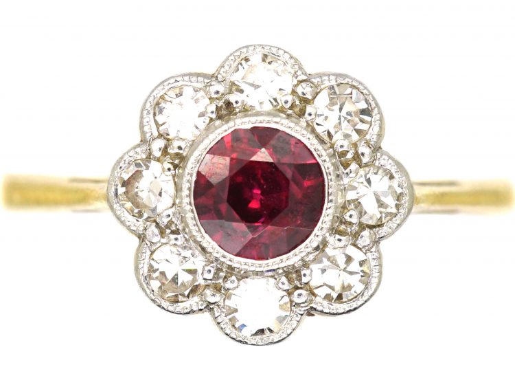 Edwardian 18ct Gold & Platinum, Ruby & Diamond Cluster Ring