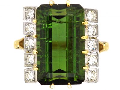 1950s 18ct Gold Rectangular Cut Green Tourmaline & Diamond Ring