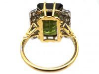 1950s 18ct Gold Rectangular Cut Green Tourmaline & Diamond Ring