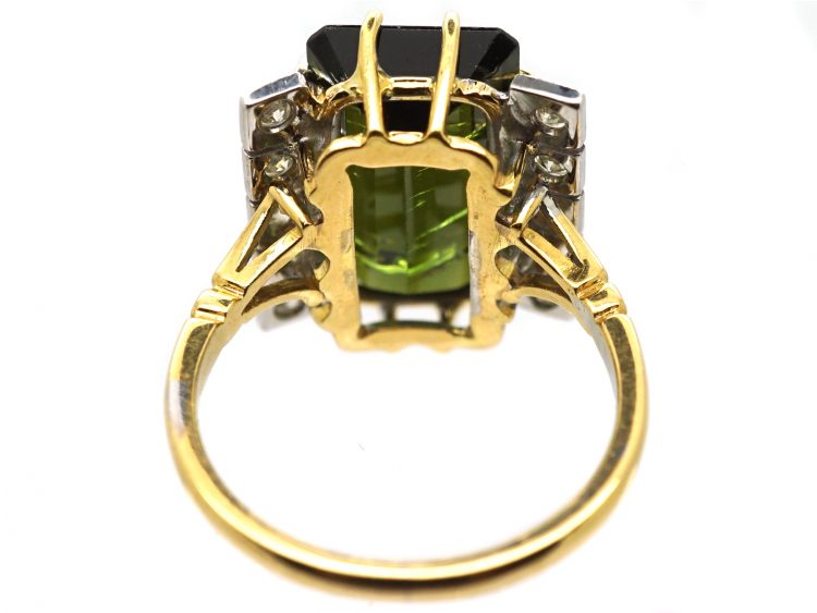 1950s 18ct Gold Rectangular Cut Green Tourmaline & Diamond Ring