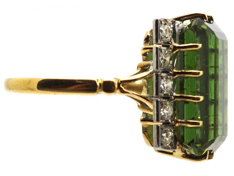 1950s 18ct Gold Rectangular Cut Green Tourmaline & Diamond Ring