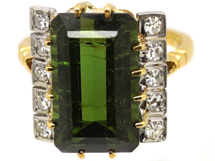 1950s 18ct Gold Rectangular Cut Green Tourmaline & Diamond Ring