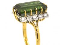 1950s 18ct Gold Rectangular Cut Green Tourmaline & Diamond Ring