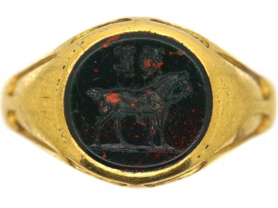 Early Victorian 18ct Gold Signet Ring with Bloodstone Intaglio of a Horse