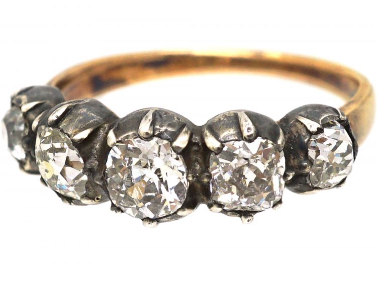 Georgian 15ct Gold & Silver Five Stone Old Mine Cut Diamond Ring