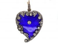 Victorian 15ct Gold & Silver Royal Blue Enamel & Rose Diamond  Witch’s Heart Pendant