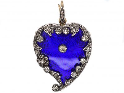 Victorian 15ct Gold & Silver Royal Blue Enamel & Rose Diamond  Witch’s Heart Pendant