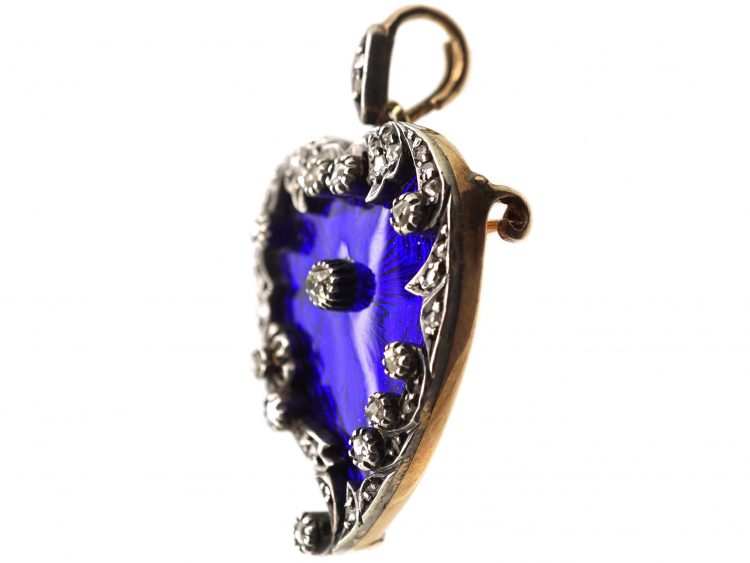 Victorian 15ct Gold & Silver Royal Blue Enamel & Rose Diamond  Witch’s Heart Pendant