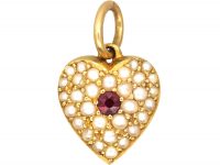 Edwardian 15ct Gold Heart Pendant set with Natural Split Pearls & a Ruby