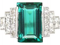 Art Deco Platinum, Green Tourmaline Ring with Diamond set Shoulders