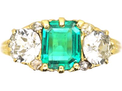 Victorian 18ct Gold, Three Stone Emerald & Diamond Carved Half Hoop Ring (ITEM STOLEN)