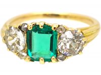 Victorian 18ct Gold, Three Stone Emerald & Diamond Carved Half Hoop Ring (ITEM STOLEN)