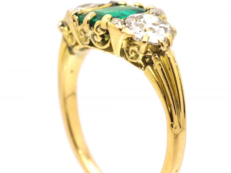 Victorian 18ct Gold, Three Stone Emerald & Diamond Carved Half Hoop Ring (ITEM STOLEN)