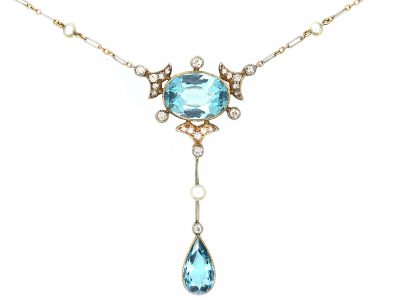 Edwardian 15ct Gold & Platinum, Aquamarine, Diamond & Natural Pearl Necklace