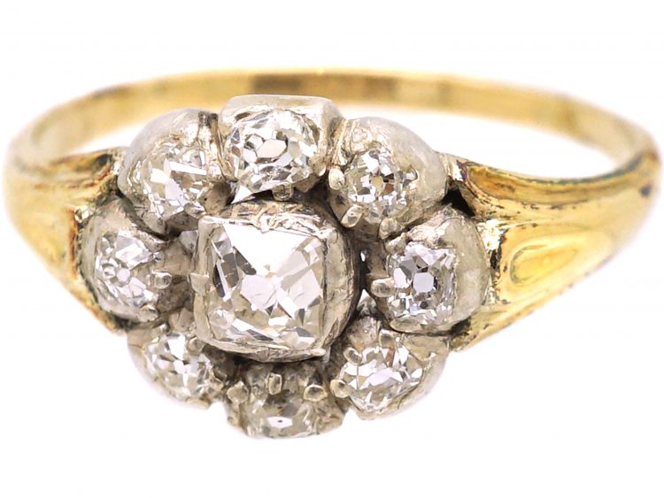 Georgian 15ct Gold & Silver, Old Mine Cut Diamond Cluster Ring
