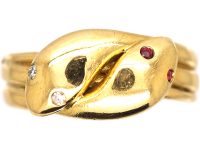 Victorian 18ct Gold, Double Snake Ring with Diamond & Ruby Set Eyes