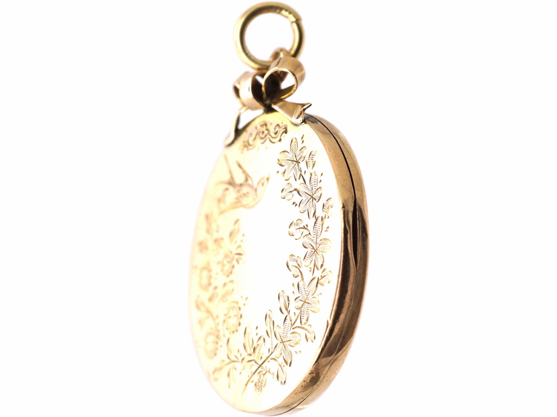 Edwardian 9ct Gold Back & Front Round Locket Engraved with Swallows ...