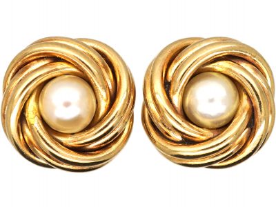 Mid 20th Century 9ct Gold & Pearl Knot Earrings