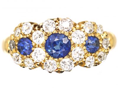 Edwardian 18ct Gold Triple Cluster Ring set with Sapphires & Diamonds