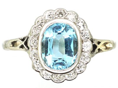 Edwardian 18ct Gold & Platinum Aquamarine & Diamond Cluster Ring