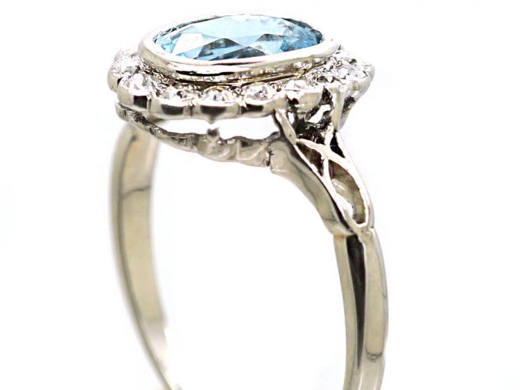 Edwardian 18ct Gold & Platinum Aquamarine & Diamond Cluster Ring
