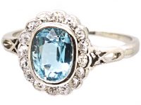 Edwardian 18ct Gold & Platinum Aquamarine & Diamond Cluster Ring