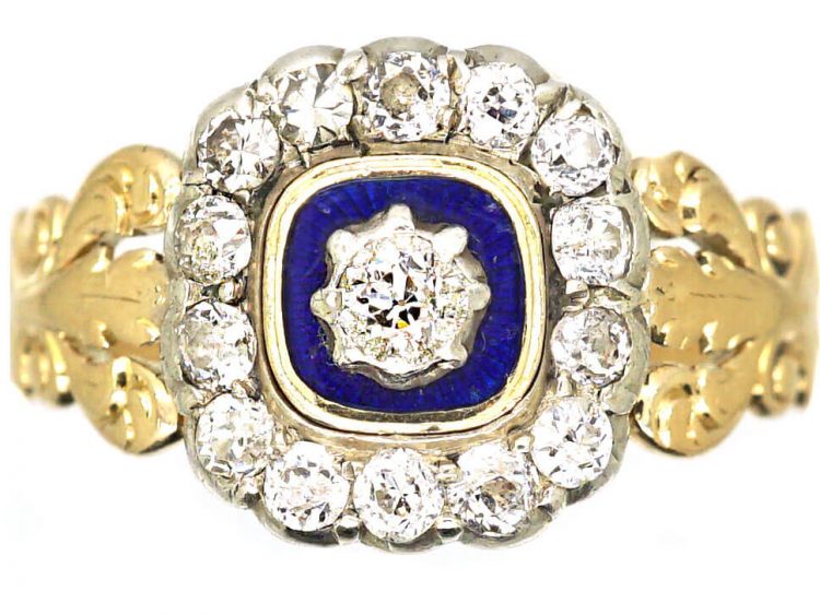 Georgian 15ct Gold Blue & White Enamel Ring set with Diamonds