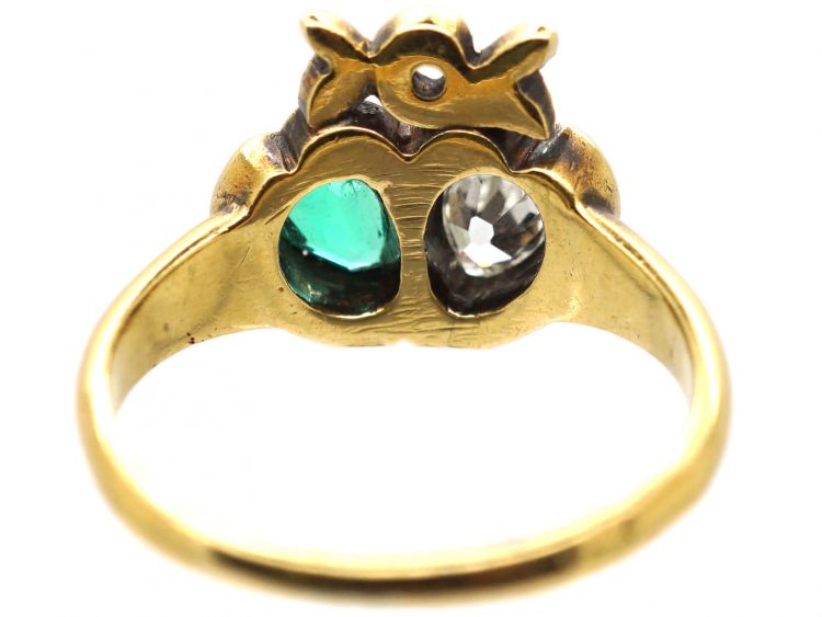 Victorian 18ct Gold Double Heart Ring set with an Emerald & a Diamond