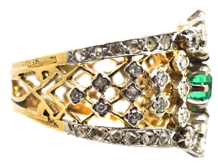 French 18ct Gold & Platinum Lattice Work Ring set with an Emerald & Diamonds