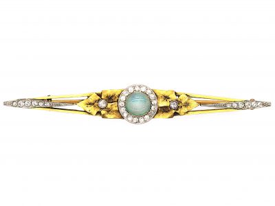 French Art Nouveau 18ct Gold & Platinum Brooch Set with a Cabochon Opal & Diamonds