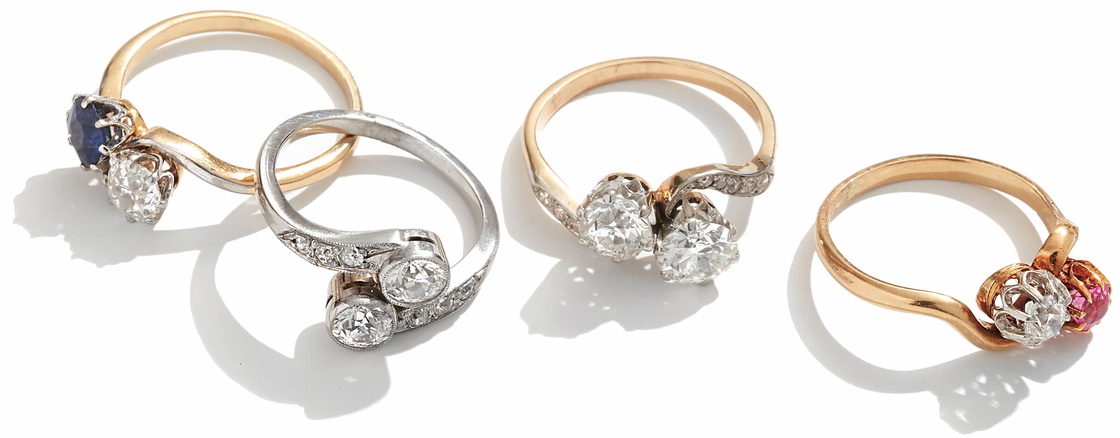 Antique crossover two stone ring