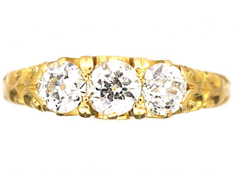 Victorian 18ct Gold, Three Stone Old Mine Cut Diamond Carved Half Hoop Ring