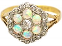 Edwardian 18ct Gold & Platinum, Opal & Diamond Hexagonal Cluster Ring