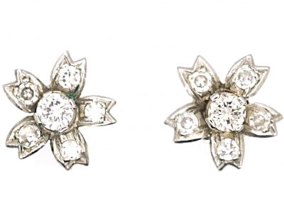 1950s 18ct White Gold Flower Earrings set with Diamonds