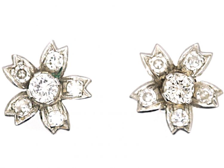 1950s 18ct White Gold Flower Earrings set with Diamonds