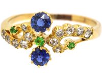 Edwardian 18ct Gold Twist Ring set with Sapphires, Diamonds & Green Garnets