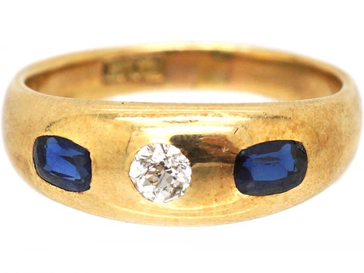 Victorian 15ct Gold Rub Over Set Sapphire & Diamond Ring