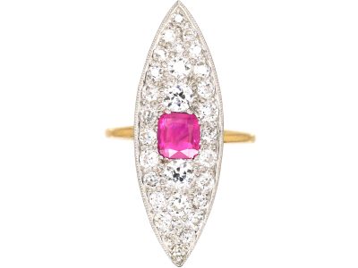 Edwardian 18ct Gold & Platinum Marquise Ring set with a Pink Sapphire & Diamonds
