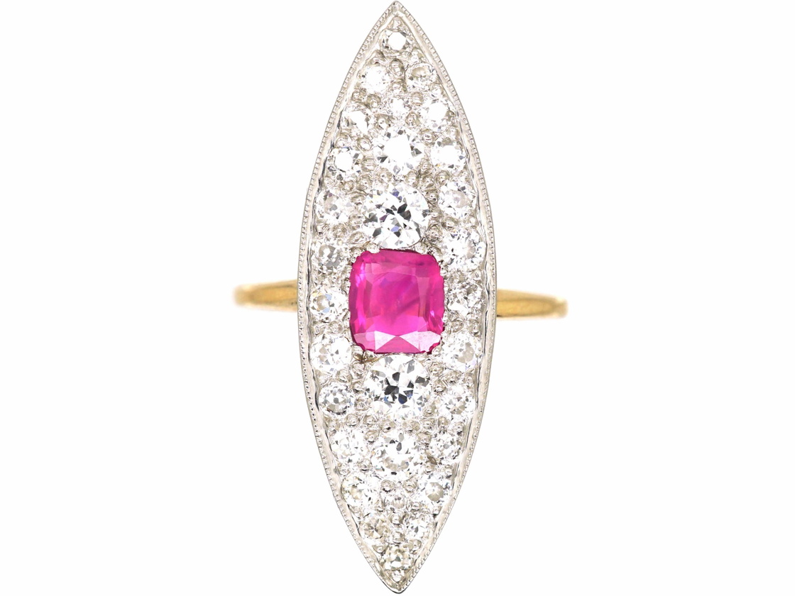 Edwardian 18ct Gold & Platinum Marquise Ring set with a Pink Sapphire ...