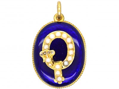 Victorian 18ct Gold Oval Locket with Royal Blue Enamel & Natural Split Pearl Garter Motif