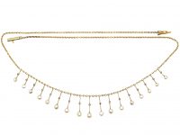 Early 20th Century 14ct Gold Fringe Necklace with Natural Pearl & Rose Diamond Drops