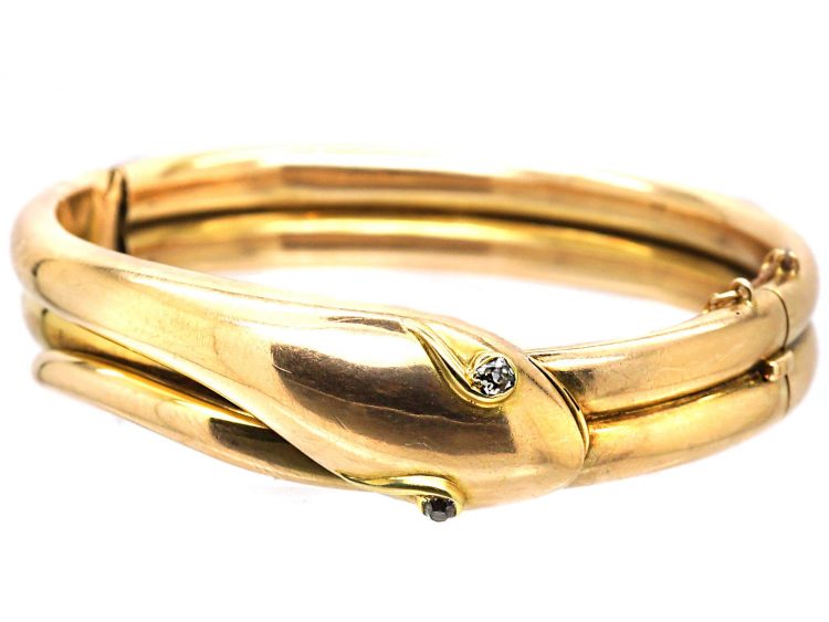 Victorian 15ct Gold Snake Bangle with Diamond Eyes