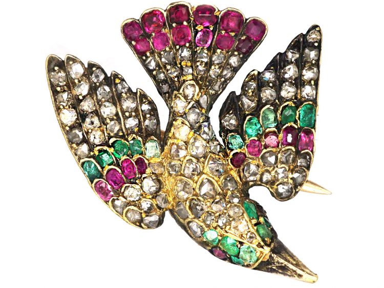 Victorian 15ct Gold St Esprit Dove Brooch set with Diamonds, Emeralds & Rubies