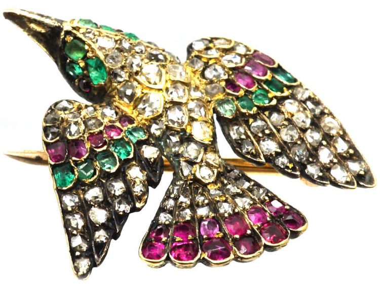 Victorian 15ct Gold St Esprit Dove Brooch set with Diamonds, Emeralds & Rubies