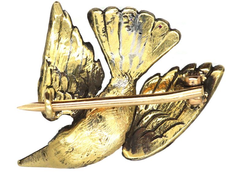 Victorian 15ct Gold St Esprit Dove Brooch set with Diamonds, Emeralds & Rubies