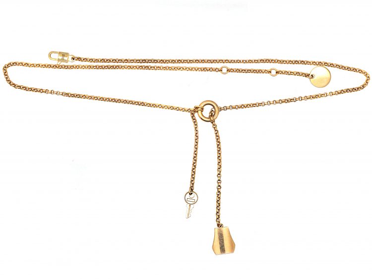 French 18ct Gold Clochette Necklace with Bell & Key Drops by Hermès